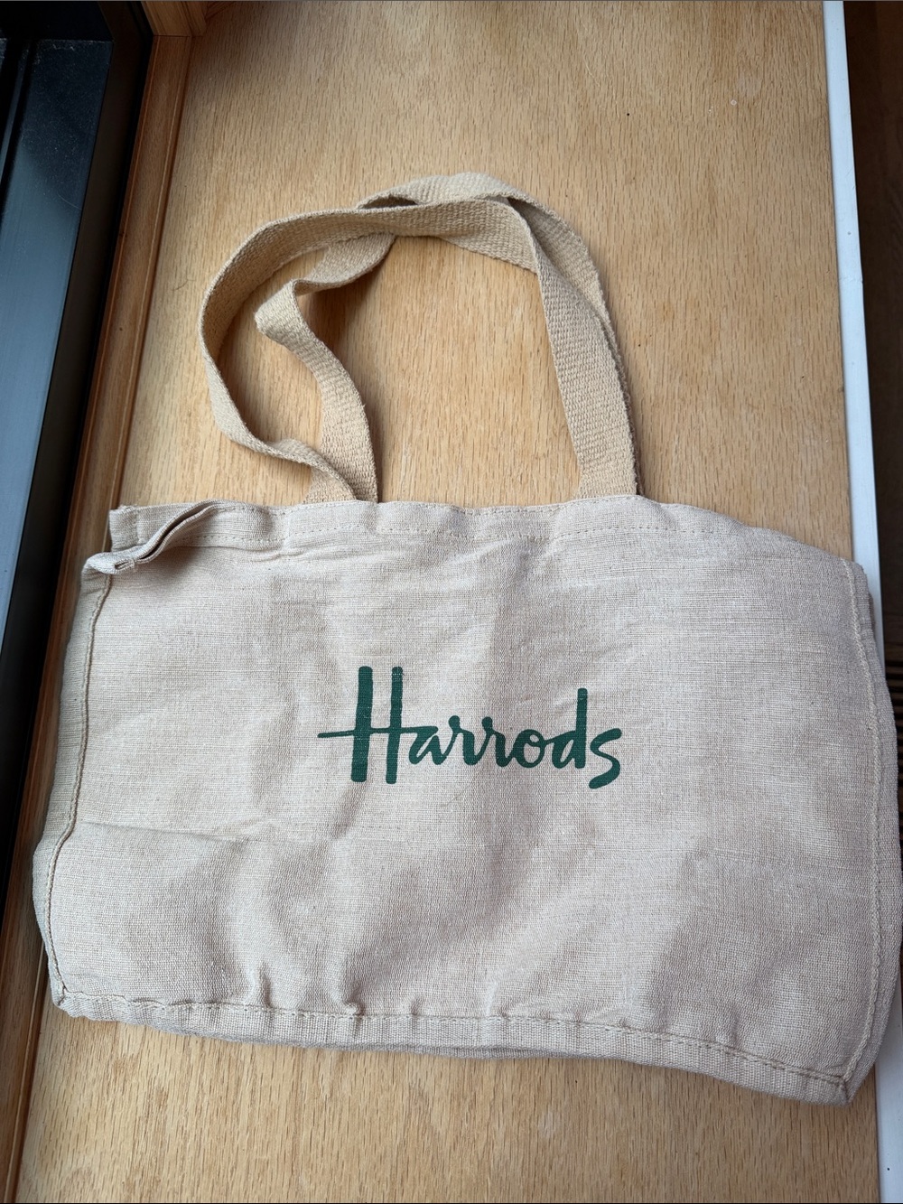 Harrods Natural Canvas Tote with Dark Green Logo